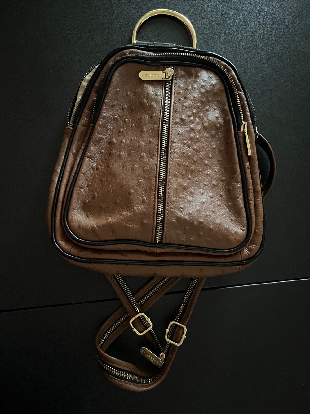 Valentina Brown Faux-Ostrich Mini Backpack Purse size with Gold Hardware